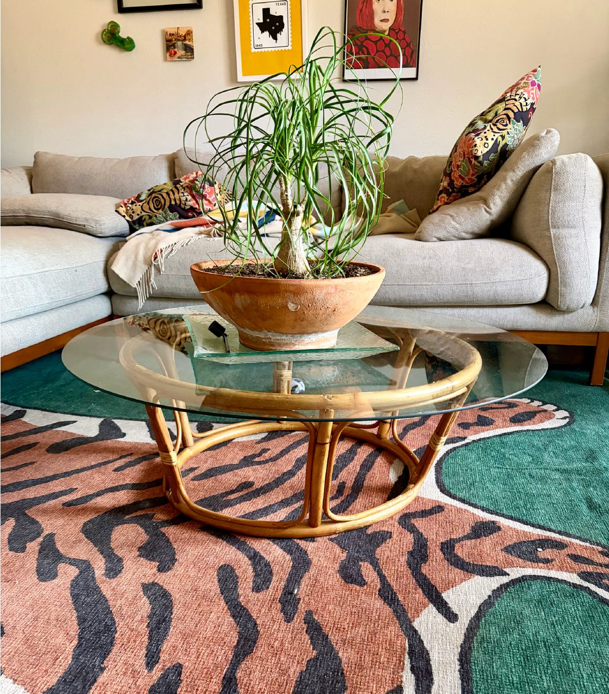 Sunny, a vintage 1970s rattan coffee table in a sunlit Austin living room